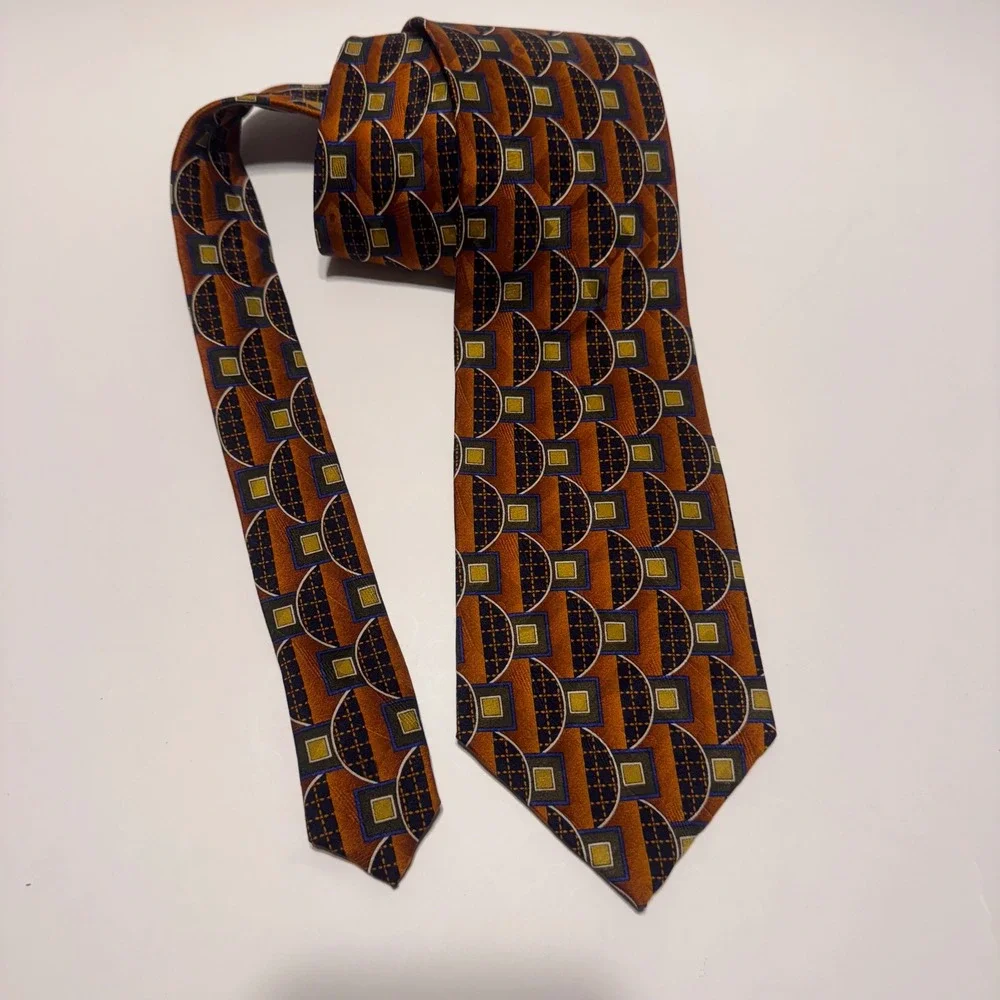 Zinc Men Geometric 100% Silk NeckTie Brown, Blue, Gold‎ Pattern, Business